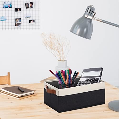 GhvyenntteS Storage Baskets for Shelves 12 Pack, Fabric Storage Bins with Leather Handles, Foldable Rectangular Storage Baskets for Organizing Home, Office (Black/White, 11.8" x 7.87" x 5.11") - Image 6