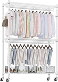 Homdox 3 Tier Heavy Duty Garment Rack with Wheels, Adjustable Wire Clothes Rack with Double Hanging Rods, Portable Closets for Hanging Clothes with Side Hooks, White by HOMDOX
