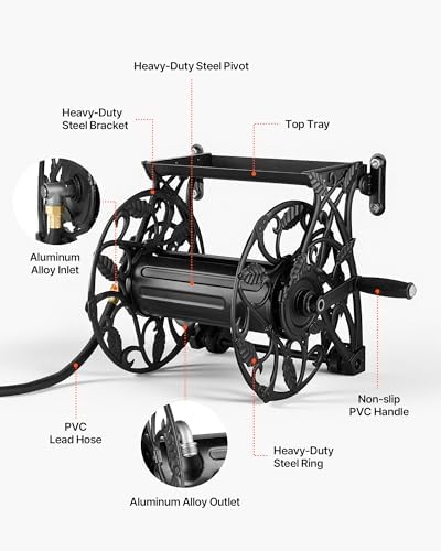 VEVOR Wall Mounted Garden Hose Reel, Holds 135 Feet of 5/8-inch Hose, Outdoor Heavy-Duty Waterhose Holder Winder, with Widened Top Tray, Aluminum Alloy Connector, Decorative Pattern, for Backyards - Image 7