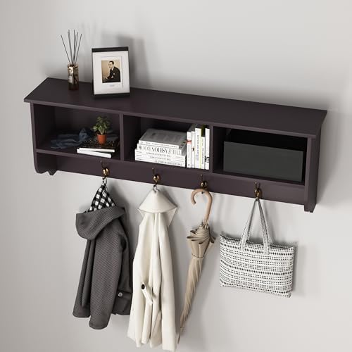 Wall Mounted Coat Rack Shelf,4 Dual Hooks,3 Cubbies,Espresso - Image 5