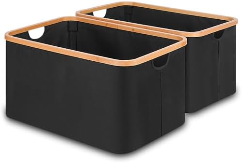 efluky Storage Baskets for Organizing, Fabric Storage Bins with Bamboo Handles, Collapsible Storage Baskets for Shelves and Closet (Black, 21.2'' x 14.5'' x 11.8'') by efluky