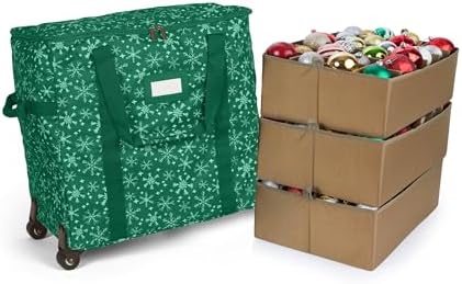 Covermates Keepsakes Rolling Adjustable Ornament Storage Bag – Heavy-Duty Polyester, FlexGrid Trays & Padded Dividers – Protective Holiday Organizer with Wheels, Handles & ID Window, Green Snowflake by Covermates