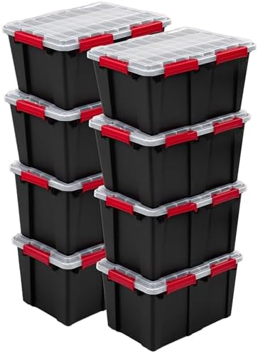 Sterilite 8 Pack Gasket Box, Stackable Plastic 13.5 Gallon Storage Container with Lids, Black - Waterproof and Dustproof Tote for Home Organization by Sterilite