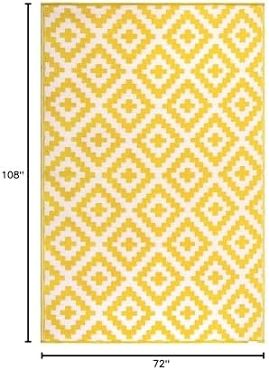 FH Home Outdoor Rug - Waterproof, Fade Resistant, Reversible - Premium Recycled Plastic - Geometric - Large Patio, Deck, Sunroom, Camping, RV - Aztec - Yellow & White Crease Free - 6 x 9 ft - Image 2