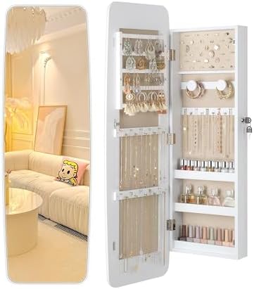 Nicetree Rounded Mirror Jewelry Cabinet, Lockable, Wall Mounted, Moon White by Nicetree