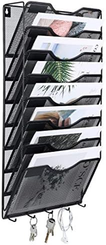 EasyPAG 8 Pocket Mesh Wall File Organizer with Key Hooks, Hanging Paper Folder Holder with Classify Label, Vertical Wall Mount Mail Organizer for Office Home Classroom, Black by EasyPAG
