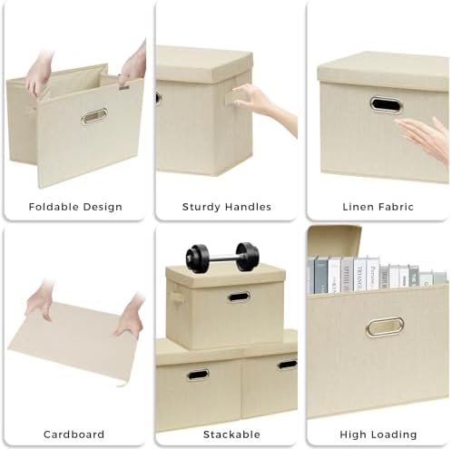 SNWDN 4 Pack Large collapsible Fabric Storage Bins with Lids (Beige 17.3x11.4x11.8 inches) - Image 3