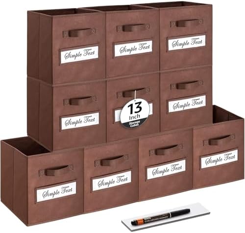 13x13x13 storage cube bins (Set of 10) Fabric storage cubes with 10 Labels Window Cards & a Pen, storage cubes 13x13, Collapsible 13 inch cube storage bins, Cubby Organizer Boxes, Brown by Artsdi