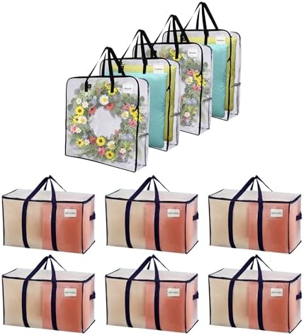 VENO 10-Pack Clear Moving & Storage Bag Bundle: Includes 6 Heavy Duty Moving Bags and 4 (30") Wreath Storage Totes for Clothes, Bedding, and College Dorm Essentials by Veno