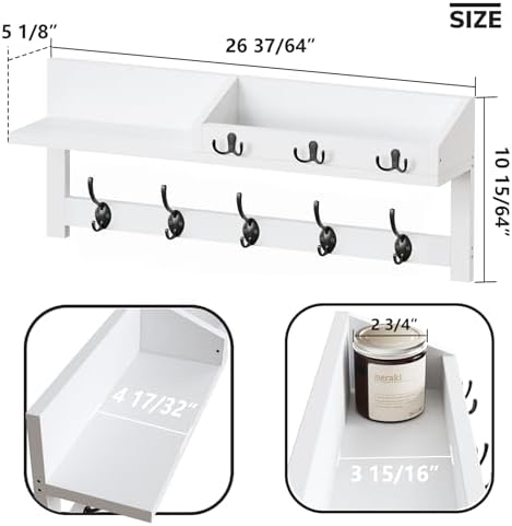 AMBIRD Wall Hooks with Shelf, 26.57 Inch Entryway Wood Coat Hooks for Wall, Coat Rack Wall Mount with 5 Dual Hooks 3 Key Hooks Mail Organizer and Key Rack Holder (White) - Image 2