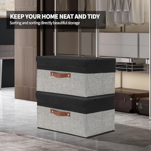 SAMORADREA 8 Pack Linen Foldable Storage Box Containers Fabric Bins with Lids Storage Baskets for Shelves Drawers, Desktop, Closet, Classroom, Office, Bedroom, Home, Garage (Black&Grey) - Image 6