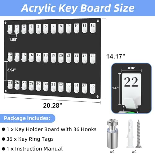 36 Hooks Acrylic Key Board with Numbers, Wall Mount Key Holder Rack with 36 Tags, Key Storage Organization, Black Hanging Board for Garage, Car Dealer, Office, Home, Hotel, Real Estate, School - Image 2