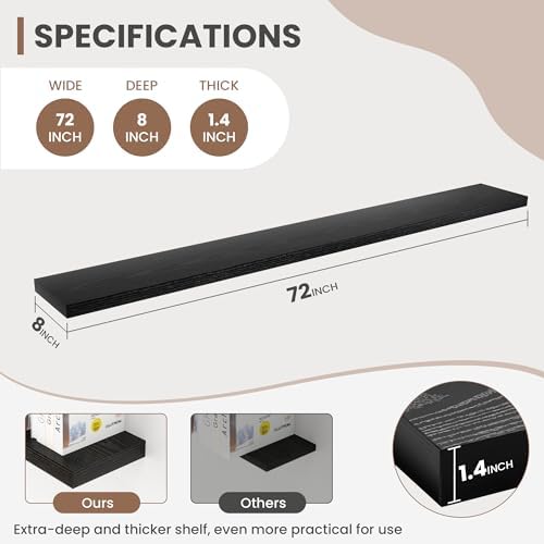 Acovy 72 Inch Floating Shelves, 8 Inch Deep Floating Shelves for Wall, Hanging Shelf with Invisible Brackets, Deep Shelves for Bathroom, Bedroom, Living Room, Black, Set of 2 - Image 2