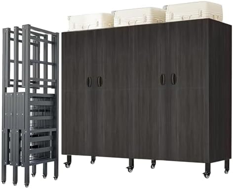 Foldable Portable Closet Wardrobe on Wheel 2000Ibs Heavy-Duty Clothe Rack with Cover Freestanding Metal Clothing Rack Armoire Storage System Rolling Garment Racks (Wood Grain Black, 59in) by FKKPRVAX