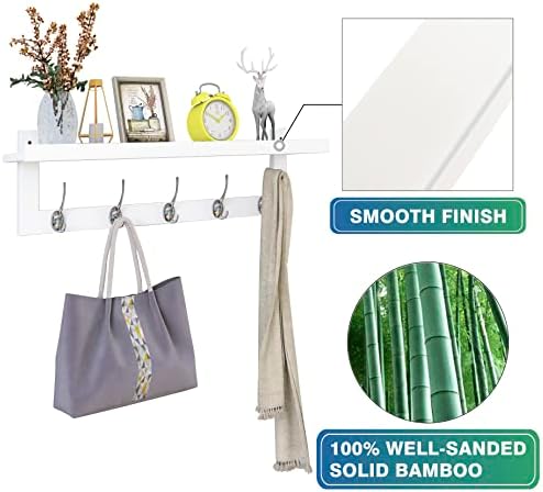SMIBUY Coat Hooks with Shelf Wall-Mounted, 29.2 Inch Entryway Coat Rack for Wall, Bamboo Hanging Shelf with 5 Double Metal Hooks for Bathroom, Bedroom, Kitchen, Living Room, Mudroom (White) - Image 6