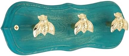 Vintage Wall Mounted Coat Rack with 3 Polished Brass Bee Hooks – Solid Green Wood Base, Hook Rail for Bags & Leashes Towels– Nature Inspired Organizer for Entryway, Bedroom & Nursery by TheWoodburyLane