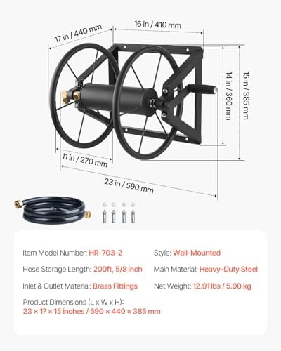 VEVOR Wall Mounted Garden Hose Reel, Holds 200 ft 5/8-inch Manual Water Hose Winder, Heavy-Duty Steel, Outdoor Reel with Brass Fitting & 5ft Leader Hose, Space Saving, for Yard Lawn Garage - Image 7