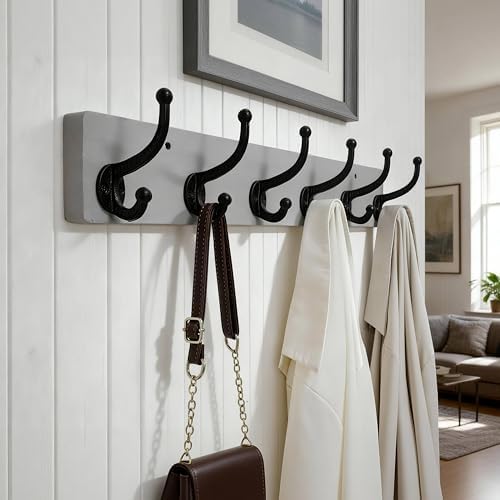WEBI Rustic Coat Rack Wall Mount,24" Long 6 Cast Iron Coat Hooks Wall Mounted,Heavy Duty Wood Wall Coat Hanger Hooks for Hanging Coats,Jacket,Clothes,Backpack,Farmhouse,Gray,2 Packs - Image 3