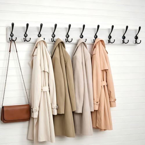 WEBI Coat Rack Wall Mounted,38 9/16" Long,10 Hooks,Wood Coat Hooks Wall Mounted Coat Hanger,Hook Rack Rail,Triple Hooks for Hanging Coats,Clothes,Jacket,Farmhouse,Black/White,2 Packs - Image 2