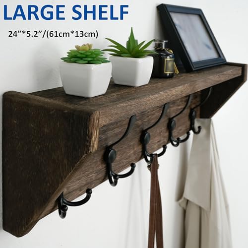 WEBI Coat Rack Wall Mount with Shelf,24" Long Wall Shelf with Hooks Underneath,5 Triple Hooks for Entryway,Hallway,Bedroom,Weathered Brown - Image 4
