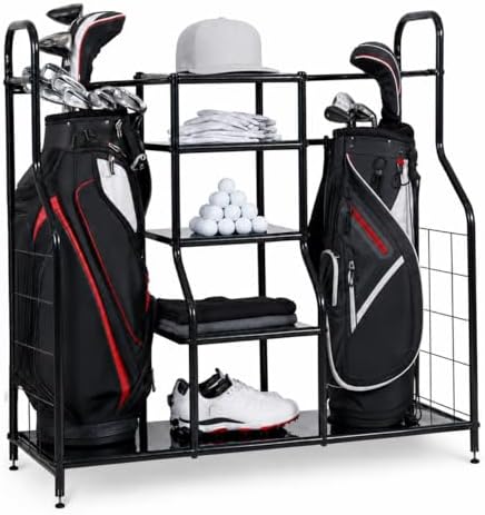 Morvat Golf Organizer for Golf Bags, Clubs, Gadgets, Travel Stuff, & Accessories, Adjustable Feet, Store and Organize Your Equipment, Holds 2 Golf Bags & 5 Metal Accessory Shelves, 38x36x16 - Image 5