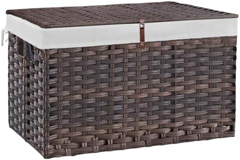 180L Wicker Storage Basket with Lid, Handwoven Rattan Large Shelf Basket with Removable Liner, 47.6 Gallon Wicker Basket for Blanket, Storage Trunk with Handle for Closet, Bedroom, Livingroom, Brown by Hiagnete