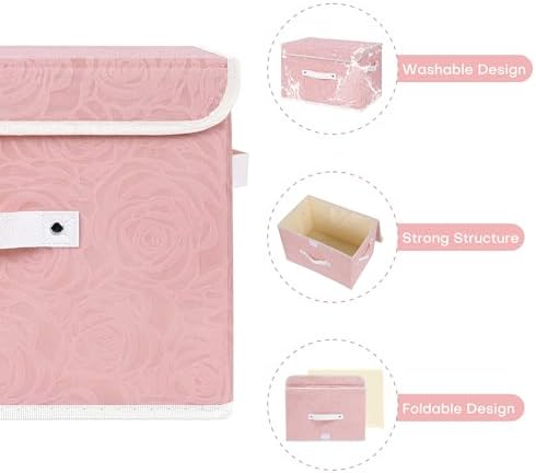 ANMINY Fabric Storage Box Bins with Lids, Rose Print, Pink, 4PCS Large - Image 3