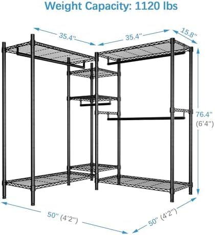 VIPEK L6 Plus Garment Racks Heavy Duty Clothes Rack Corner Closet Racks L Shaped Clothing Rack for Hanging Clothes, 5-Tier Freestanding Closets with 7 Adjustable Shelves, Max Load 1200LBS, Black - Image 4