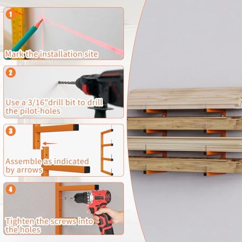 2-Pack Lumber Storage Rack, Wood Storage Racks Wall Mount, Heavy Duty Garage Wood Organizer With 4-Level System, Orange Utility Rack Organization Up 800 Lbs, Metal Lumber Shelf for Indoor and Outdoor - Image 6