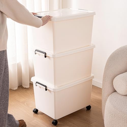 YUNGSHY 60 Quart white plastic large storage bins with lids,Durable Nestable container Secure Pull Handle organizing for home,school and office (white, 3 L) - Image 3