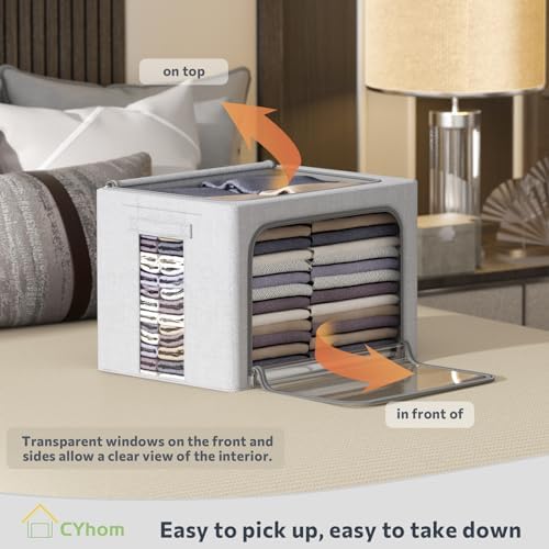 CYhom 3Pack Foldable Storage Bins - Frame Storage Box Linen Fabric Stackable Clothes Container Organizer with Clear Window & Carry Handles Large Capacity (Medium-36L, Light Grey) - Image 2
