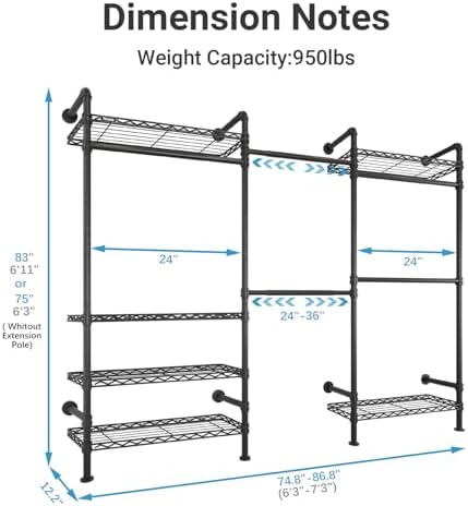 Timate F3 Garment Rack Heavy Duty Clothes Rack for Hanging Clothes, Expandable Industrial Pipe Wall Mounted Clothing Racks, Adjustable Storage Wardrobe Closet Kit Walk in Closet Systems, Black - Image 4