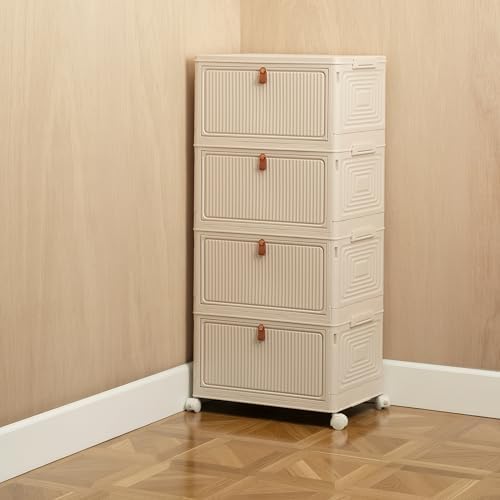 20 QT (80 QT Total) Foldable Storage Cabinet with Doors – 4 Tier Stackable Organizer, Collapsible Plastic Storage Bins with Magnetic Doors, Space-Saving Storage for Bedroom, Closet, Dorm - Image 2