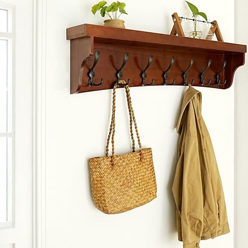 WEBI Wall Shelf with Hooks Underneath,35" Long Coat Rack Wall Mount with Shelf,Entryway Coat Rack with 7 Triple Hooks for Hanging Coats,Jacket,Bathroom,Cherry - Image 4