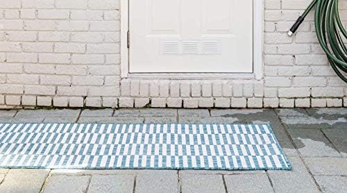 Unique Loom Outdoor Striped Collection Area Rug - Striped (2' x 6' 1" Runner, Light Aqua/Ivory) - Image 4