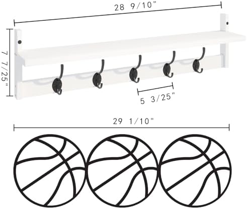 BAMEOS Wall-Mounted Wood Shelf with 5 Dual Hooks for Bathroom, Living Room, Bedroom (White-with Shelf) - Image 5