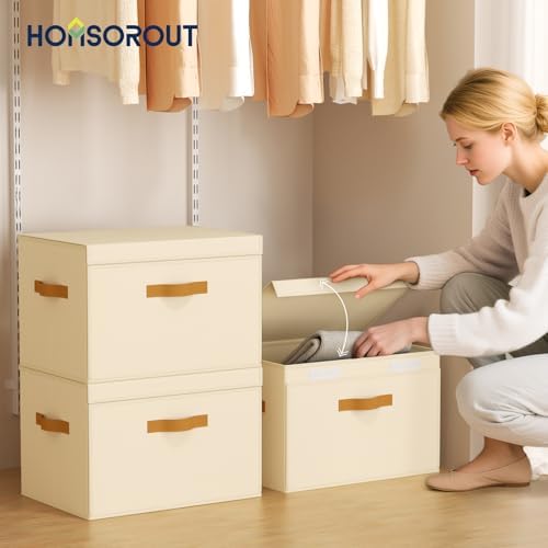 Homsorout Large Storage Bins with Lids - Front Opening Fabric Storage Bins, Flap Closet Organizer with Handles, Collapsible Boxes with Lid, Decorative Basket for Home, Dorm, 4 Pack, Beige - Image 3