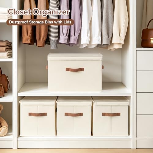 CHICVITA 4-Pack Large Fabric Storage Bins with Lids for Shelves, Ivory - Image 2