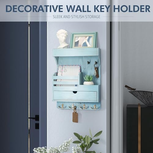 Rebee Vision Key Holder Wall Mount with Drawer & Shelf for Entryway, Blue - Image 4