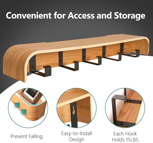 Coat Rack Wall Mount with Hidden Hooks Modern Key Holder Wood Entryway Hook with Shelf for Bedroom Kitchen Hallway Bathroom Designed for Hanging Coats Hats Bags Towels Dog Leashe(Oak,5 Hooks) - Image 4