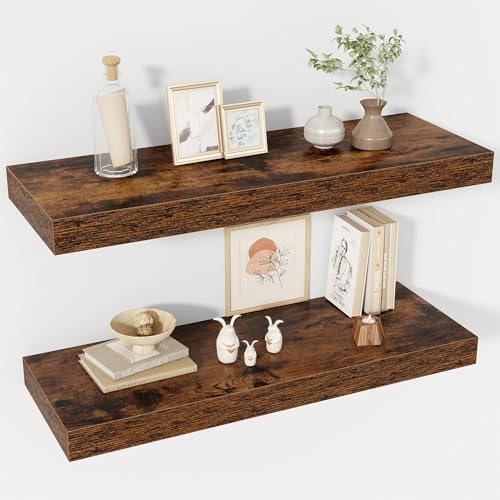 Acovy 30 Inch Floating Shelves, 12" Deep Floating Shelf Wall Mounted, 30" Wall Shelves, Rustic Deep Bookshelf, Extra Deeper & Thicker Display Shelves for Bedroom, Living Room, Brown, Set of 2 by Acovy