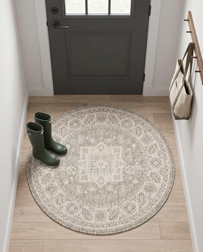 Rugs.com - Outdoor Aztec Rug – 3 Ft Round Light Gray Indoor/Outdoor Rug – Weather-Resistant and Easy-Clean Accent for Patios, Decks, and Porches - Image 5