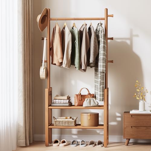 Yoobure Solid Wood Clothing Rack with Shelves - Coat Rack Freestanding with 6 Hooks, 3-in-1 Hall Tree for Hanging Clothes, Tall Garment Racks with Storage for Bedroom, Entryway, Living Room, Closet by Yoobure