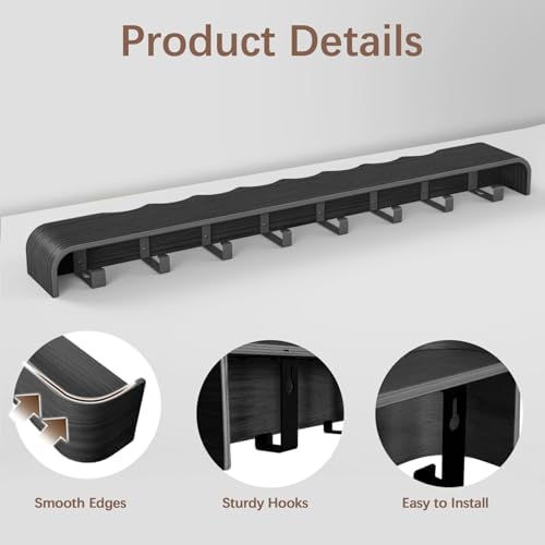 Coat Rack Wall Mount with Hidden Hooks, Wall Hooks with Shelf, Wall Key Holder Mount Wooden Shelf Entryway Hooks for Bedroom Bathroom for Hanging Coats Hats Bags Towels (Black Wave-Shape, 8 Hooks) - Image 3