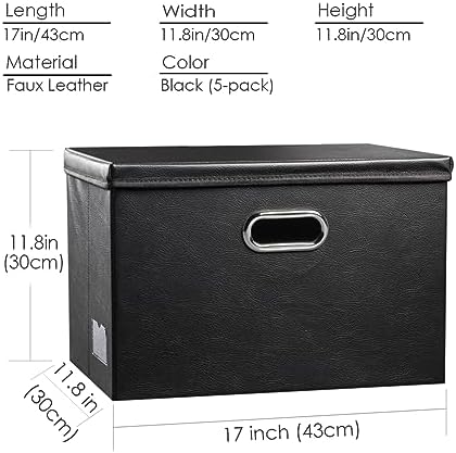 PRANDOM Large Stackable Storage Boxes with Lids [5-Pack] Leather Fabric Foldable Storage Bins Organizer Containers Baskets Cubes with Cover for Bedroom Closet Office Nursery Black(17.7x11.8x11.8) - Image 5