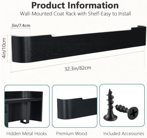 Coat Rack Wall Mount with Shelf 8 Hidden Hooks Modern Wooden Key Holder Entryway Organizer for Hallway Bedroom Bathroom Home Decor Storage for Hanging Coats Hats Bags Towels, Black - Image 3