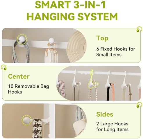 KAFAHOM Purse Rack, Purse Organizer for Closet - Tall Purse Shelf with 8 Hooks & 10 Removable Hangers to Hold Handbags, Backpacks, Pocketbooks., Perfect Purse Display Stand & Storage Tree,White - Image 4