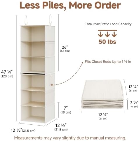 StorageWorks Hanging Closet Organizer, 6-Shelf with 2-in-1 Design, Ivory - Image 3