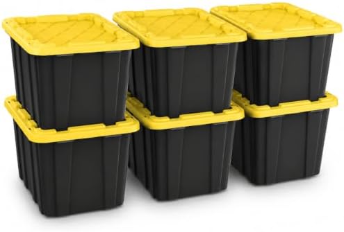 6-Pack 27Gal Stackable Storage Bins with Lids, Heavy Plastic, Black Yellow by Unknown