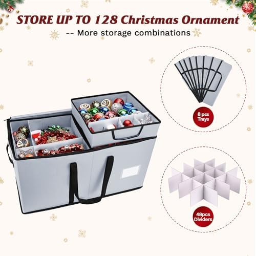 Christmas Ornament Storage Box, Ornament Storage Organizer Fits 128 of 3 inch Ornament Balls, 8 Removable Tray Ornaments Storage Containers with Dividers to Store Xmas Holiday Decor(Grey) - Image 4